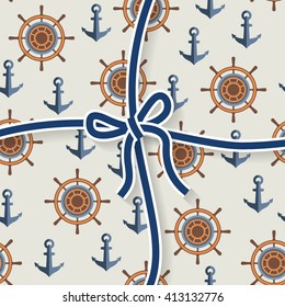 Marine pattern of anchors and steering wheels . Seamless background . Abstract vector . Summer sea backdrop.
