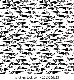 Patrón marino. Fondo con animales marinos. Carne, calamar, pescado. Gráficos vectoriales. Patrón sin problemas.