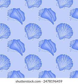 Marine pattern in blue. Ocean and sea design background with hand drawn seashells. Vector illustration