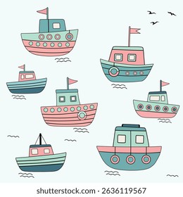 Marine pattern with cartoon cute boats on white background