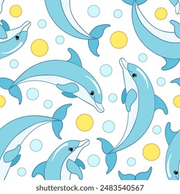 Marine pattern with cartoon dolphins on a business background. For children's fabric design, backdrops, wallpapers, prints, posters, wrapping paper, etc. Vector illustration