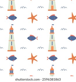 Marine pattern for children with a lighthouse, fish and starfish