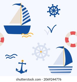 Marine pattern.  Children's wallpaper.  Boat and sea.  Vector illustration.