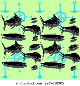 Marine pattern with compass, anchors and deep water game fish silhouettes