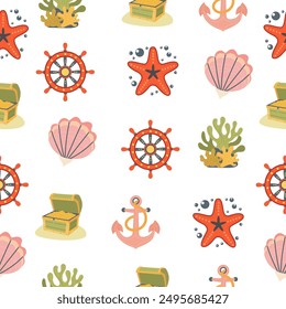Marine pattern. coral reef, chest with gold, starfish, anchor, shell, ship wheel