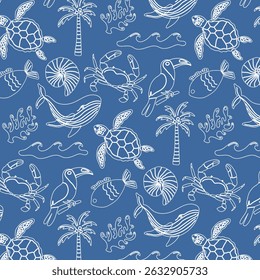 Marine pattern with coral, whale, crab and shells on blue background. Seamless summer pattern in retro style. Vector.