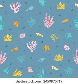 Marine pattern with corals and seaweed or algae