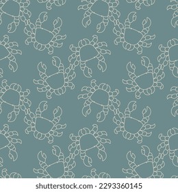 Marine pattern with crabs contour. Endless vector texture on blue background. Print for women and kids wear, notebook covers, wrapping paper.