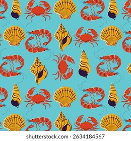 Marine pattern with crabs, shrimps, shells and algae. Ocean life and sea creatures, animals and plants. Nautical background for textile, web design, wrapping and all prints.