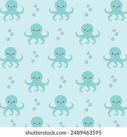 Marine pattern with cute octopuses on a blue background. Design of children's products, wrapping paper, children's wallpaper. Vector illustration.