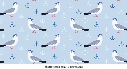 Marine pattern with cute seagull with blue bandana in white dots on head. Nautical pattern with seagull character. Cute hand drawn marine seamless pattern with sea birds and anchors. Perfect for kids 