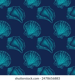 Marine pattern in dark blue. Ocean and sea design background with hand drawn seashells. Vector illustration