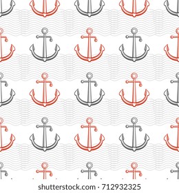Marine pattern design with anchors and abstract waves. Vector illustration