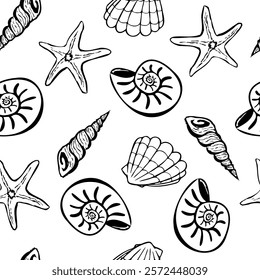 Marine pattern with different seashells on a transparent background, seamless pattern with aquatic elements