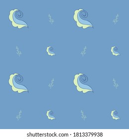 Marine pattern with endless wave crests and algae sprigs on a blue background. Vector illustration.