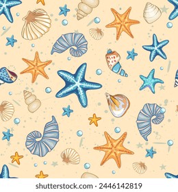 Marine pattern. Fish, anchor, octopuses, sharks, whales. Vector seamless pattern with decorative sea elements. Vintage background