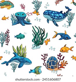 Marine pattern. Fish, anchor, octopuses, sharks, whales. Vector seamless pattern with decorative sea elements. Vintage background