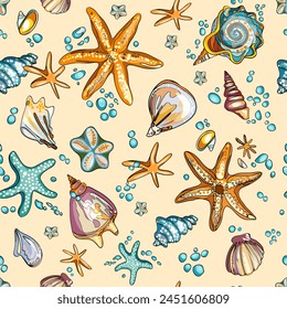 Marine pattern. Fish, anchor, octopuses, sharks, whales. Vector seamless pattern with decorative sea elements. Vintage background