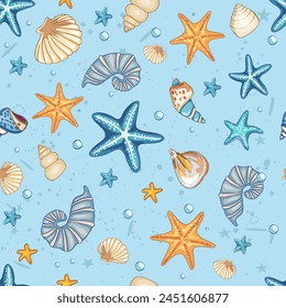 Marine pattern. Fish, anchor, octopuses, sharks, whales. Vector seamless pattern with decorative sea elements. Vintage background