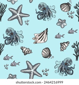 Marine pattern. Fish, anchor, octopuses, sharks, whales. Vector seamless pattern with decorative sea elements. Vintage background