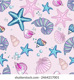 Marine pattern. Fish, anchor, octopuses, sharks, whales. Vector seamless pattern with decorative sea elements. Vintage background