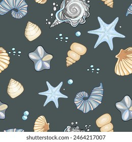 Marine pattern. Fish, anchor, octopuses, sharks, whales. Vector seamless pattern with decorative sea elements. Vintage background