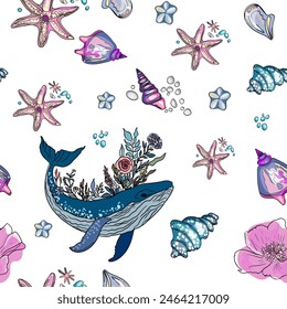 Marine pattern. Fish, anchor, octopuses, sharks, whales. Vector seamless pattern with decorative sea elements. Vintage background