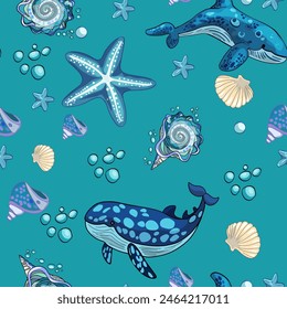 Marine pattern. Fish, anchor, octopuses, sharks, whales. Vector seamless pattern with decorative sea elements. Vintage background