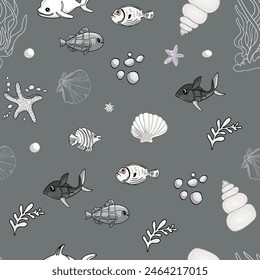 Marine pattern. Fish, anchor, octopuses, sharks, whales. Vector seamless pattern with decorative sea elements. Vintage background