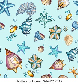 Marine pattern. Fish, anchor, octopuses, sharks, whales. Vector seamless pattern with decorative sea elements. Vintage background