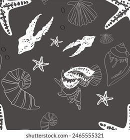 Marine pattern. Fish, anchor, octopuses, sharks, whales. Vector seamless pattern with decorative sea elements. Vintage background