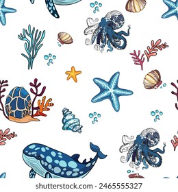 Marine pattern. Fish, anchor, octopuses, sharks, whales. Vector seamless pattern with decorative sea elements. Vintage background