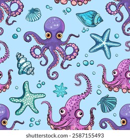 Marine pattern. Fish, anchor, octopuses, sharks, whales. Vector seamless pattern with decorative sea elements. Vintage background