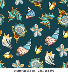 Marine pattern. Fish, anchor, octopuses, sharks, whales. Vector seamless pattern with decorative sea elements. Vintage background