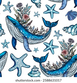 Marine pattern. Fish, anchor, octopuses, sharks, whales. Vector seamless pattern with decorative sea elements. Vintage background