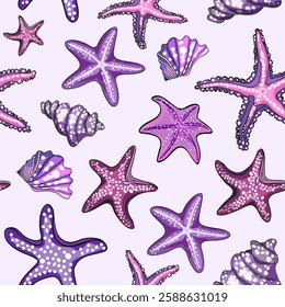 Marine pattern. Fish, anchor, octopuses, sharks, whales. Vector seamless pattern with decorative sea elements. Vintage background