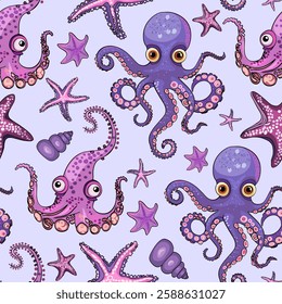 Marine pattern. Fish, anchor, octopuses, sharks, whales. Vector seamless pattern with decorative sea elements. Vintage background