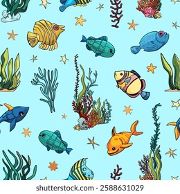 Marine pattern. Fish, anchor, octopuses, sharks, whales. Vector seamless pattern with decorative sea elements. Vintage background