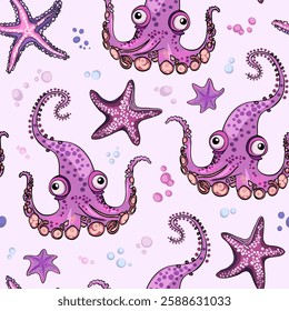 Marine pattern. Fish, anchor, octopuses, sharks, whales. Vector seamless pattern with decorative sea elements. Vintage background