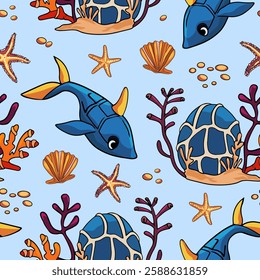 Marine pattern. Fish, anchor, octopuses, sharks, whales. Vector seamless pattern with decorative sea elements. Vintage background