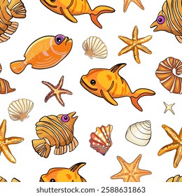 Marine pattern. Fish, anchor, octopuses, sharks, whales. Vector seamless pattern with decorative sea elements. Vintage background