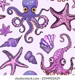 Marine pattern. Fish, anchor, octopuses, sharks, whales. Vector seamless pattern with decorative sea elements. Vintage background