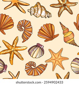 Marine pattern. Fish, anchor, octopuses, sharks, whales. Vector seamless pattern with decorative sea elements. Vintage background