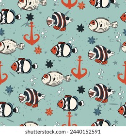 Marine pattern. Fish and anchor. Vector seamless pattern with decorative sea elements. Vintage background