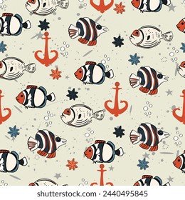 Marine pattern. Fish and anchor. Vector seamless pattern with decorative sea elements. Vintage background