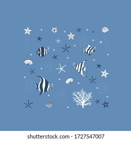 Marine  pattern with fishes and conchs and starfishes