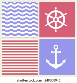 Marine pattern and icon set vector