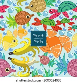 Meeresmuster mit dem Bild von 
Unterwasserbewohner 
styliert als Früchte, verpackungsfähig 
Design, Druck für Textilien und Dekoration 
von Souvenirs, hellbunter Vektorgrafik
