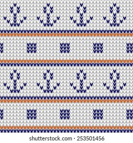 Marine pattern knitted. Anchor. Vector.