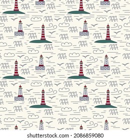 Marine pattern with a lighthouse. Cartoon houses on the shore for a landmark with lanterns for textiles. Cute doodle tower pattern colored. Vector illustration